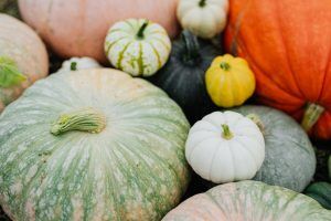 green and white pumpkin on brown wooden table
